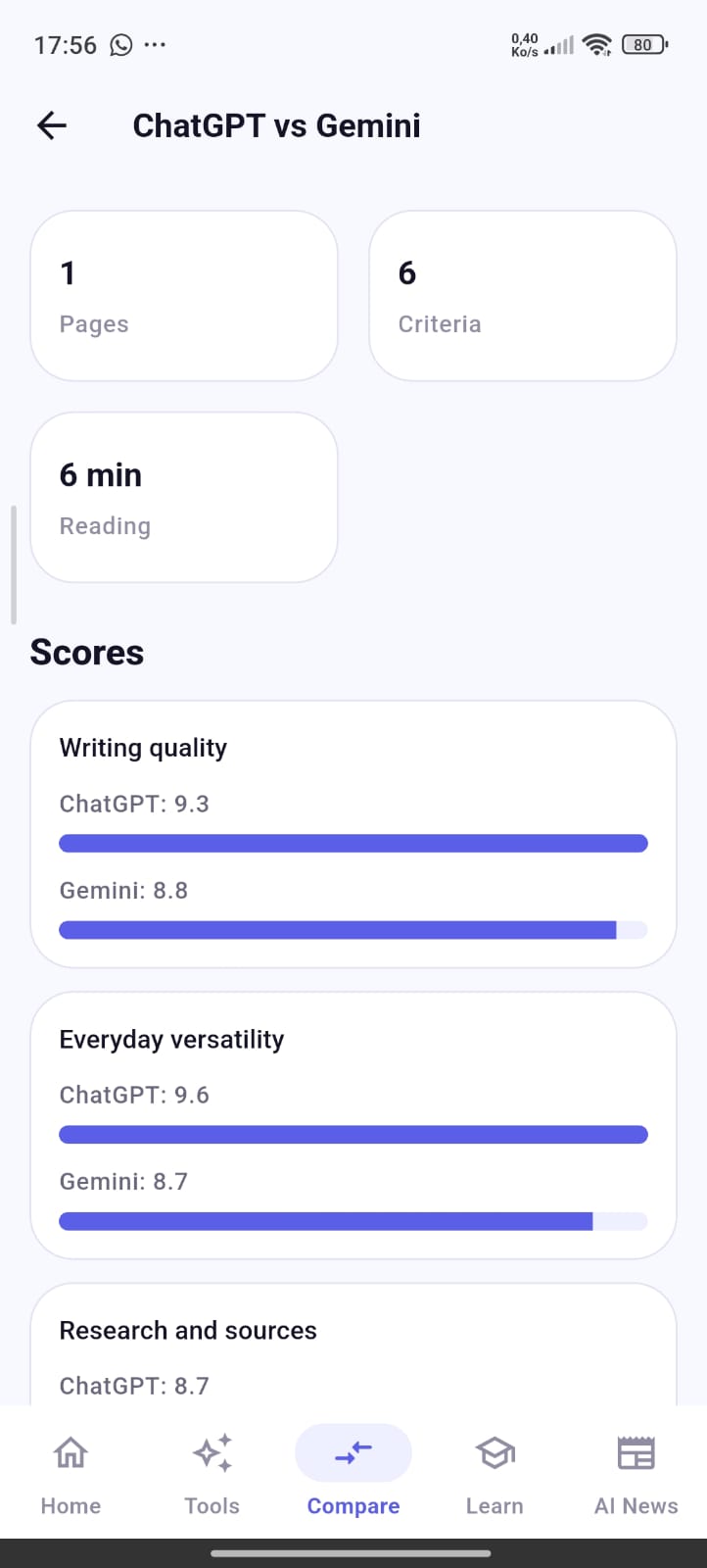 AI Guide comparisons screen
