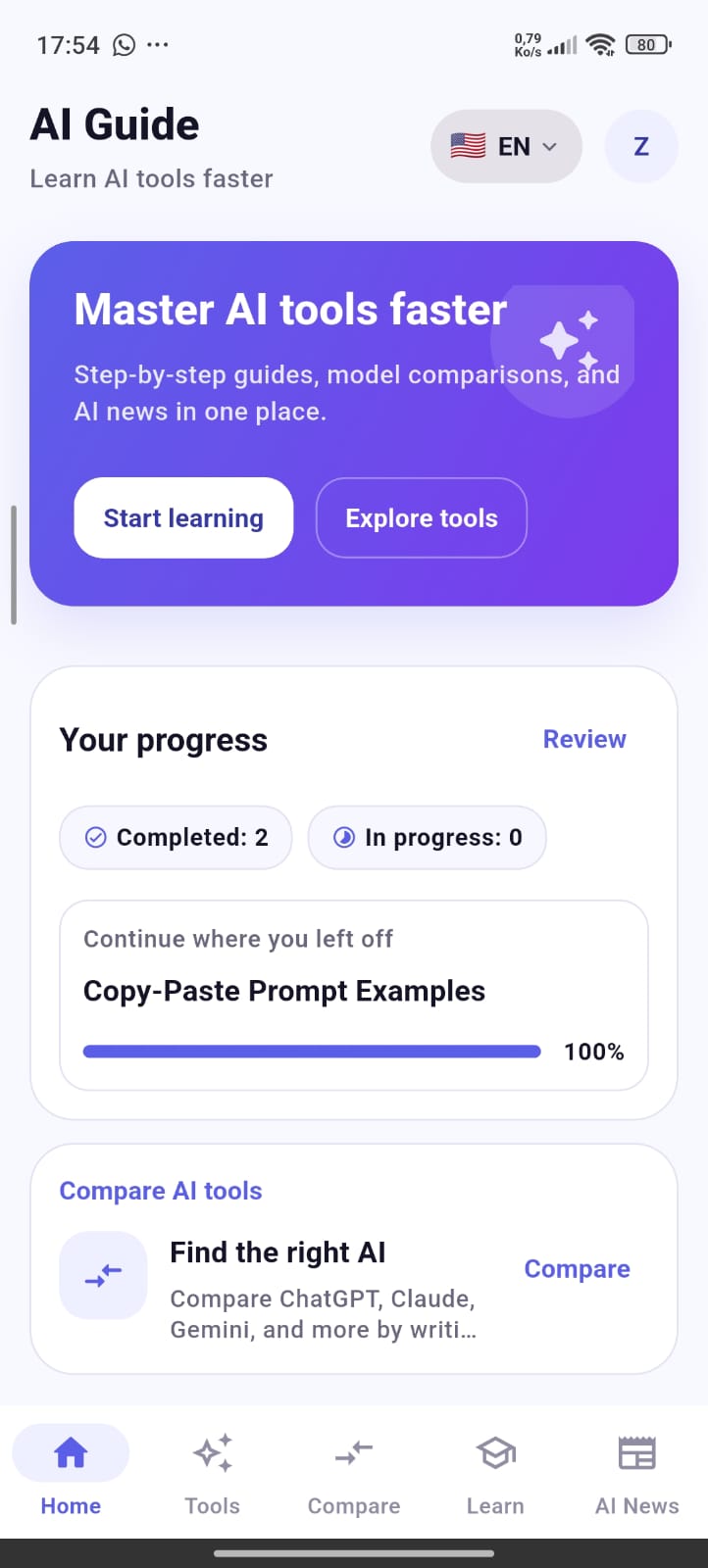 AI Guide home dashboard screen