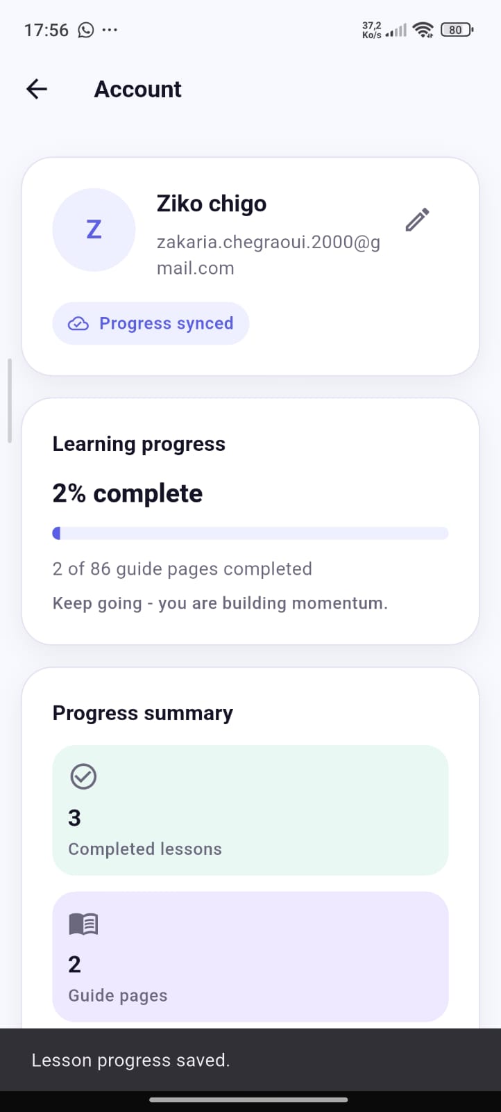 AI Guide profile and progress screen